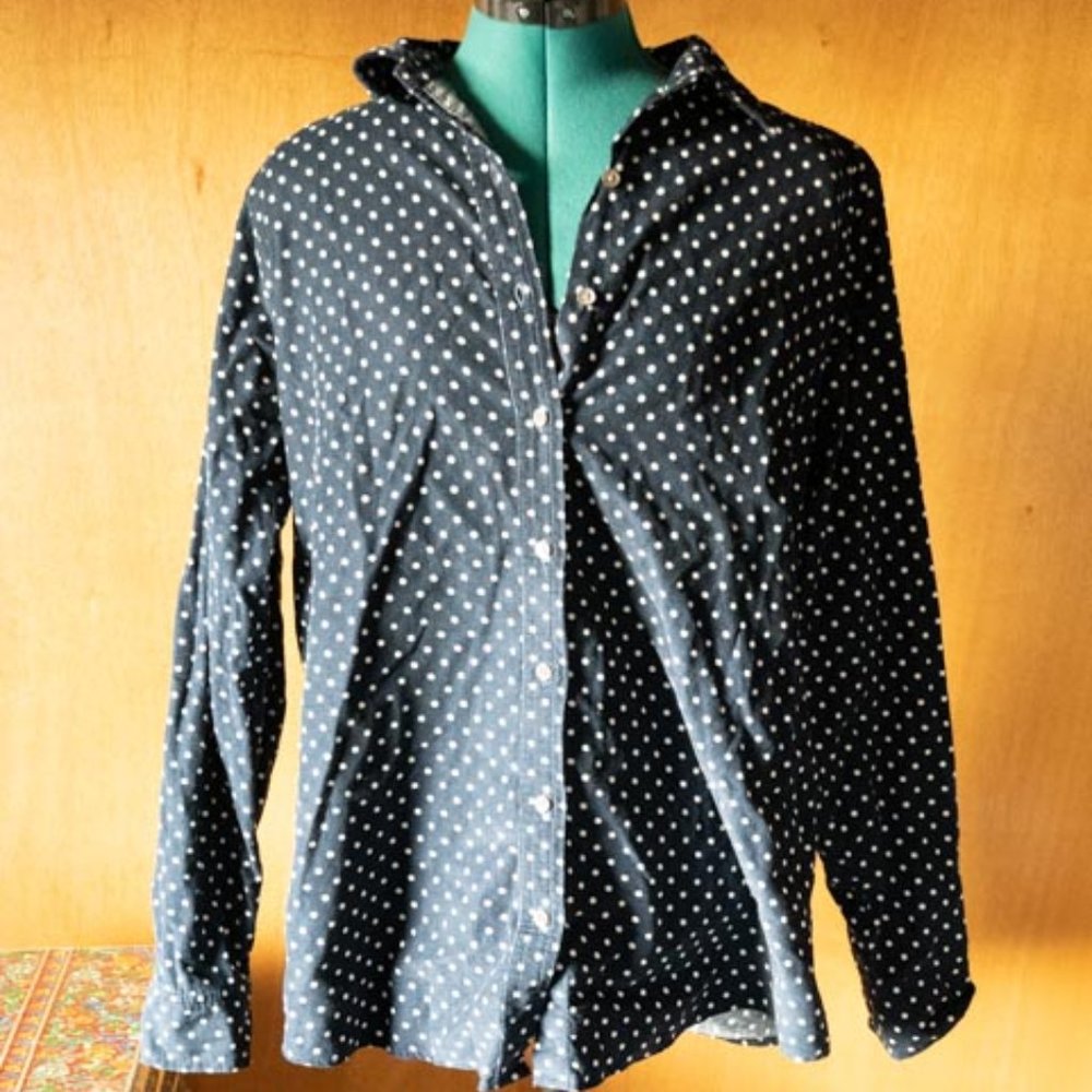 Land's End 100% Cotton Navy w White Polka Dots Corduroy Shirt womens 14W